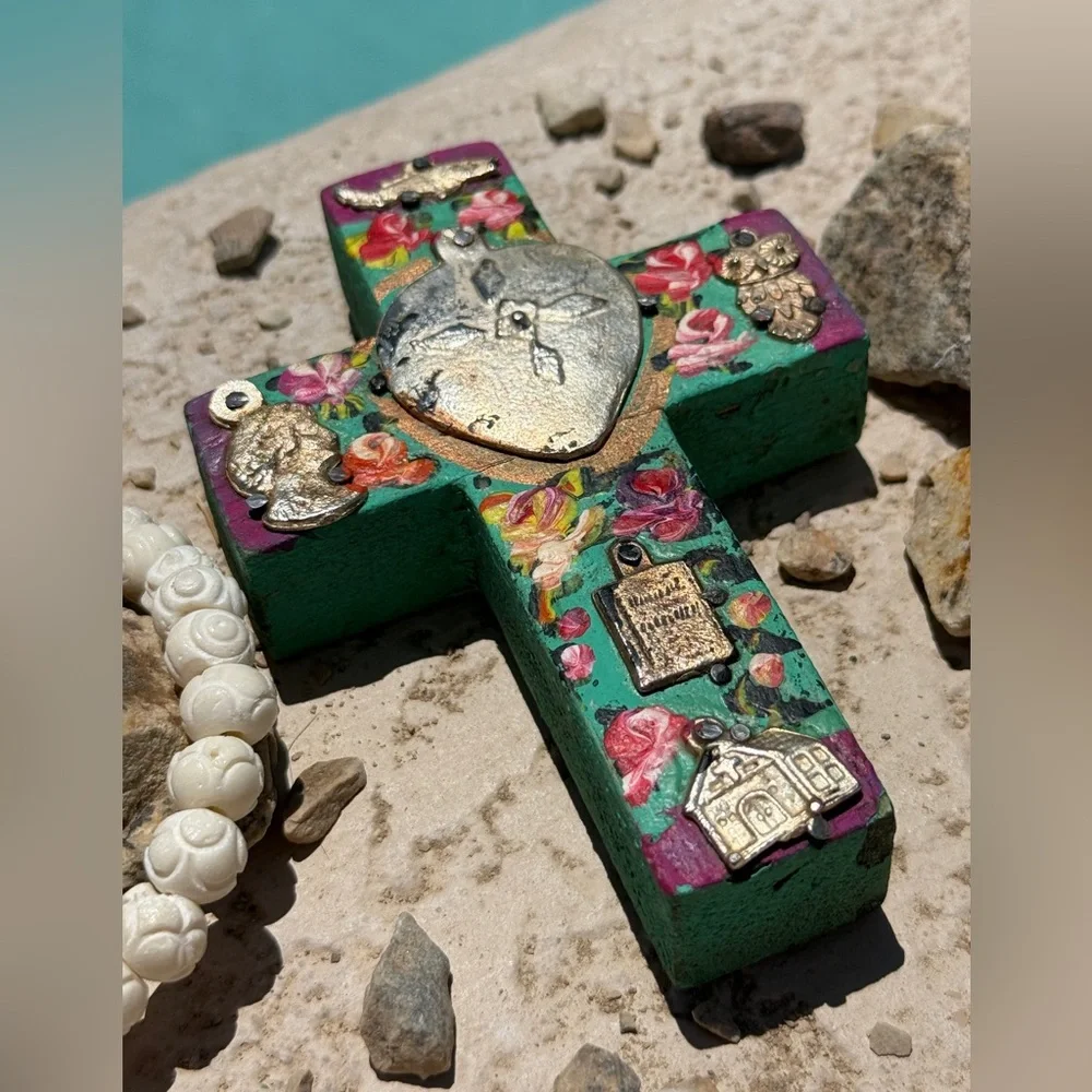 Milagros Silver Metal Charm Spanish Folk Art Painted Wood Cross-Turquoise Green